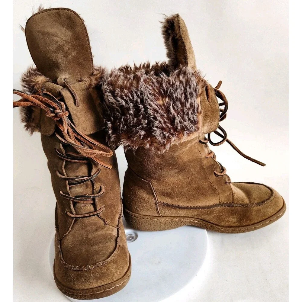 Steve Madden Camel Tan Shearling Lined Lace-up Suede 5.5 Square Toe Winter Boots
